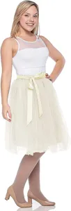 Women white tulle midi skirt with elegant bow tie belt, perfect for party, stage and dance wear.