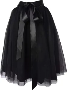 Detailed view of the black tulle midi skirt featuring an elegant satin bow waist belt design.