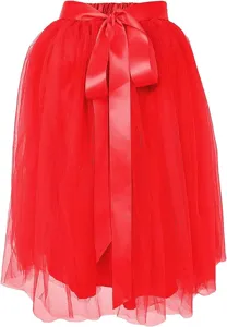 Women red tulle tutu skirt with satin ribbon bow, perfect knee-length mesh party skirt.