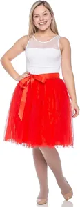 Women red tulle tutu skirt knee length party dance dress with satin bow belt for stage