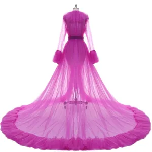 Magenta tulle long sleeve trailing dress for stage performance, maternity and photography.
