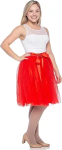 Women red tutu skirt mesh layered dancing party performance skirt with ribbon bow detail