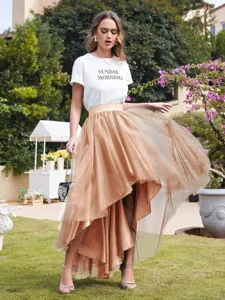Women's high-low irregular mesh midi skirt with elastic waist, elegant photography apparel.
