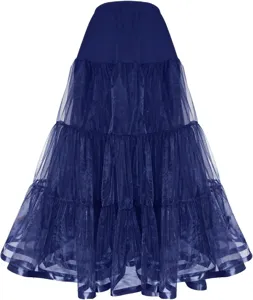 Women dark blue layered tulle petticoat hoopless long crinoline skirt for wedding party gown