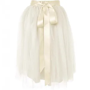 Women Tulle Tutu Skirt Cream Mesh Half Skirt with Satin Bow Tie Waist Party Performance