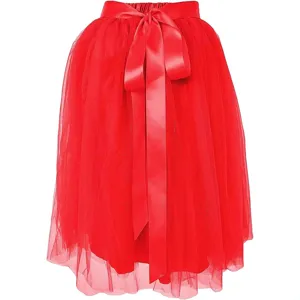 Women red tulle midi tutu skirt with satin bow waistband party stage performance wear