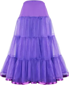 Purple tiered tulle petticoat long wedding underskirt crinoline for ball gown party dress.