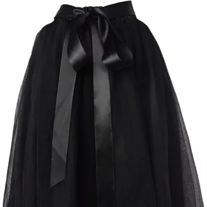 Women's elegant black tulle tutu skirt featuring a satin bow waistband and flared design.