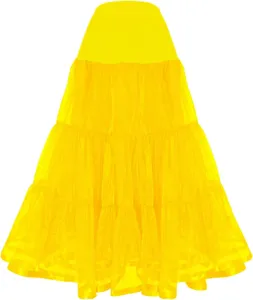 Detailed view of the vibrant yellow layered petticoat, showing fine fabric and tiered ruffles.