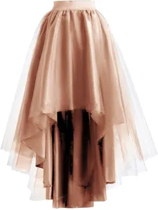 High-low mesh skirt detail showing layered tulle fabric, elastic waistband and elegant hemline.