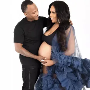 Elegant long trailing mesh maternity dress for photography, gorgeous navy blue ruffle robe.