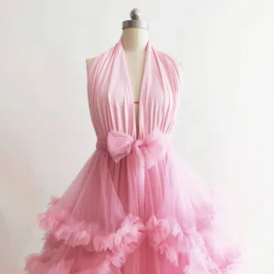 Luxurious Heavy Mesh Tulle Dress For Women Backless V-Neck Sexy Long Train Gown For Wedding Photography Pregnancy Robe