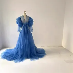 Blue tulle long sleeve bridal photography robe with train for wedding and evening party