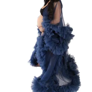 Long tulle maternity robe with ruffles and trailing design, perfect for photography and bridal use.