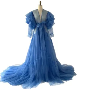 Blue tulle long robe for bridal photography evening party wedding dress with dramatic ruffles train