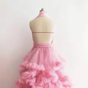 Pink tulle halter backless long dress, perfect for wedding photography and party evening wear.