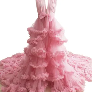 Women Long Tulle Dress Pink Ruffled V-Neck Maternity Gown Photography Party Prom Dress