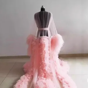 Damen rosa Tüll Schleppe Morgenmantel Luxus Mesh langes Kleid Braut Fotografie Umstandskleid