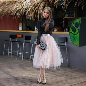 Women high waist pleated mesh tutu skirt elegant casual midi puffy skirt for daily wear
