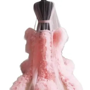 Luxus rosa Mesh Schleppe Abendkleid, flauschiger mehrlagiger Tüll Morgenmantel Braut.