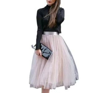 Women Korean Style High Waist Mesh Pleated Skirt Midi Tutu Skirt Casual Fashion Elegant
