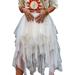 Women high waist irregular layered mesh tulle midi skirt fluffy fairy vintage aesthetic skirt