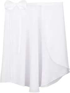 White chiffon wrap ballet skirt detail view, lightweight fabric and delicate waist bow tie.