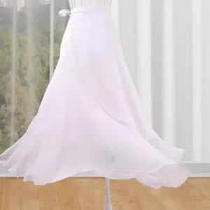 Detail shot of elegant white chiffon long skirt featuring high waist and side bow tie.