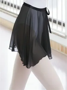 Black chiffon wrap dance skirt ballet practice short skirt detail view for women dancing