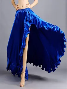 Blue satin dance skirt detail, high split ruffles design for performance practice wear.