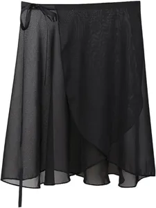 Detail view of the black chiffon ballet wrap skirt featuring a delicate ribbon tie waist.