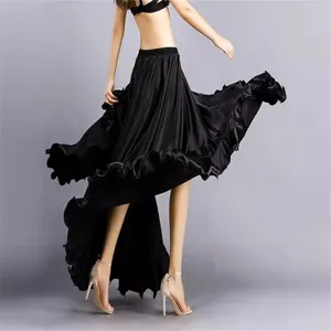 Black high low ruffled dance skirt, asymmetric flowy maxi skirt for modern dance performance.