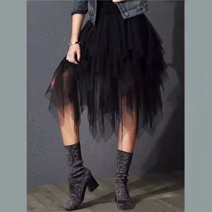 Vrouwen zwarte onregelmatige tule rok mode gelaagde mesh midi rok trendy outfit