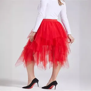 Dames rode onregelmatige tule tutu rok, elegante hoge taille gelaagde mesh rok.