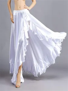 White satin belly dance split skirt with ruffle tiered design, elegant ethnic style wear detail.