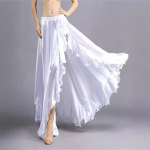 White satin dance skirt with high slit and ruffles, perfect for stage performance and practice.