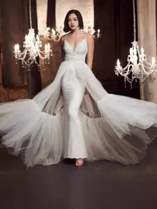 White mesh wedding dress for women, long double-layer high-waisted sexy long bridal skirt.