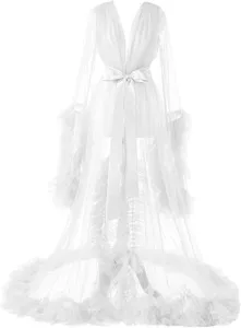 White tulle long robe with feather cuffs and satin belt, elegant bridal dressing gown.