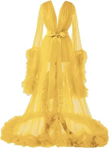Elegant yellow sheer tulle long robe with dramatic ruffled hem and satin bow belt for bridal.