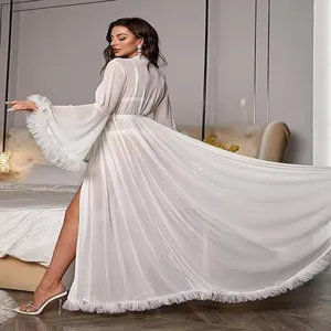 White chiffon bridal robe, long sleeve sexy nightgown, elegant sheer summer loungewear style.