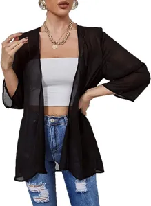 Detailed shot of black chiffon sheer cardigan, lightweight summer sun protection cover-up.