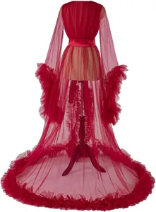 Red sheer tulle long robe with dramatic ruffled sleeves and elegant train for bridal wear.