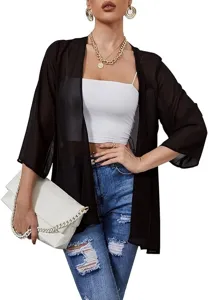 Sheer chiffon cardigan detail view, lightweight summer casual outerwear in solid black.