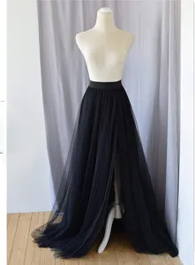 Elegant black tulle maxi skirt detail view, chic front slit design, ideal for bridal wear.