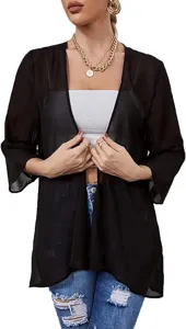Womens black chiffon cardigan summer lightweight beach cover up loose casual kimono top