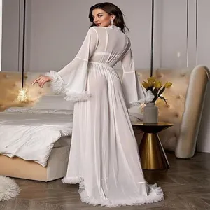 White chiffon long sleeve sleepwear vintage sexy nightgown bridal robe comfortable