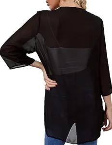 Details of the sheer black chiffon sun protection cardigan for women, lightweight summer wear.