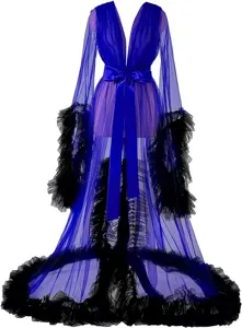 Blue sheer tulle boudoir robe with black feather trim and satin waist tie for bridal photography.
