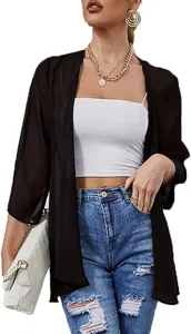 Close-up detail of women lightweight black chiffon cardigan sleeve style for summer wear.