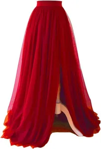 Red tulle long skirt front slit high waist mesh skirt detail view elegant party wear